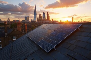 Solar panels on a rooftop with the London skyline at sunset showcasing sustainable energy and urban landscape with warm light and modern buildings