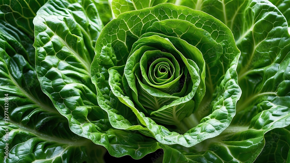 Poster close-up of a fresh, vibrant green cabbage with intricate leaf patterns and textures