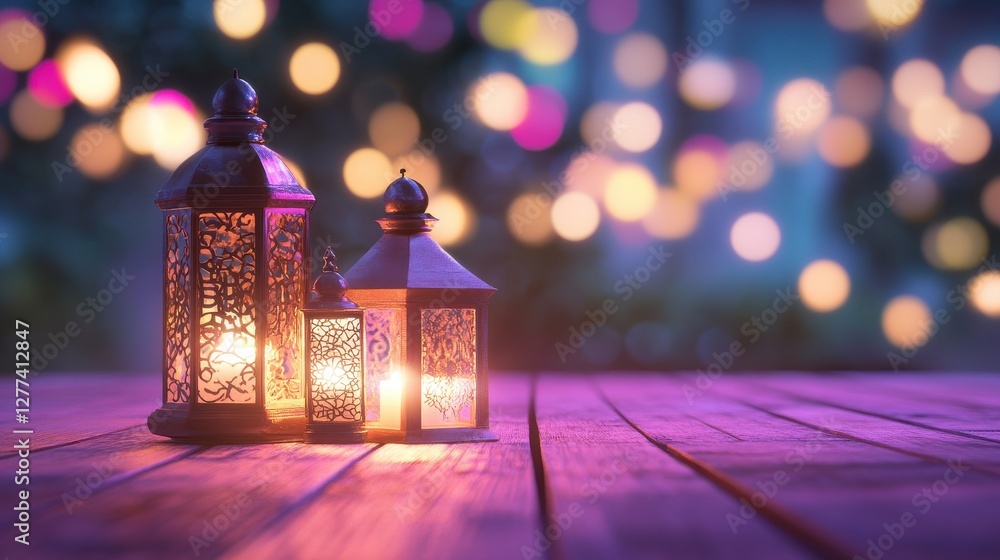Poster elegant lanterns on a wooden table with soft bokeh background