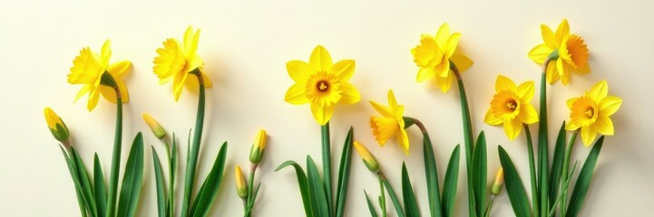 Obraz premium Daffodils growing through cracks in a bright yellow and white wallpaper background, white, growth, cracks