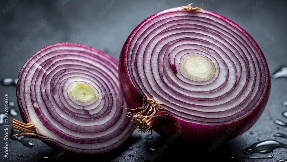 Poster close-up view of two red onions with intricate layers and glistening water droplets on a dark backgr