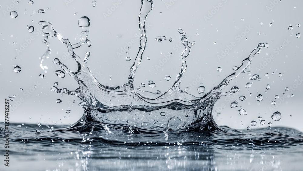 Poster close-up of a water droplet creating a splash effect on a smooth surface, with a focus on the intric