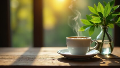 Obraz premium Steaming coffee, tiny trees, green leaf in vase, wood table , white, light, plant
