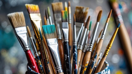 Obraz premium A collection of various paintbrushes with vibrant colored bristles arranged in a container, showcasing creativity