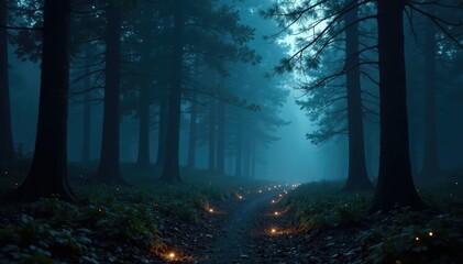 Fototapeta premium Dark forest with twinkling lights and misty atmosphere, darkness, night