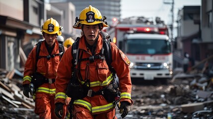 Fototapeta premium Emergency Paramedics in Action Amidst Disaster Scene with Rescue Operations and Medical Services in a Devastated Urban Environment