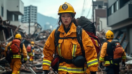 Brave Paramedics Responding to Emergency in Urban Disaster Aftermath, Providing Medical Services Amidst Rubble and Uncertainty