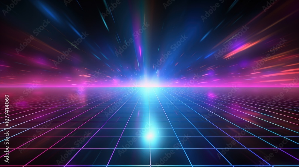 Poster a vibrant, futuristic landscape featuring a glowing grid with radiant colors, creating a sense of de