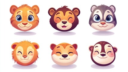 Obraz premium Cute cartoon animal faces, various species, happy expressions.