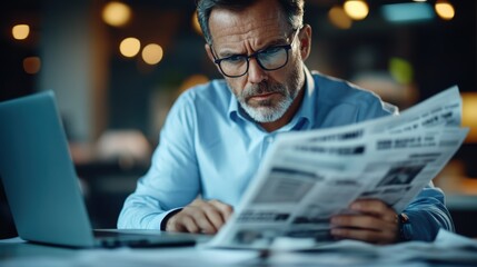 Journalist immersed in work at a news desk illuminated by monitor light