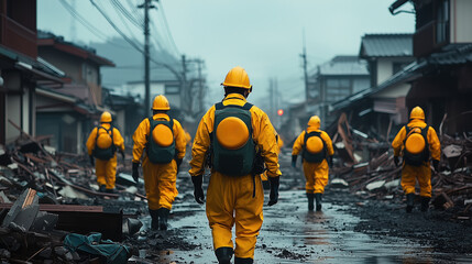 Emergency Response Team in Bright Yellow Gear Walking Through a Devastated Urban Area Following a Natural Disaster in a Calm, Foggy Environment