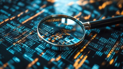 Researching data with magnifying glass business analysis concept examining digital information
