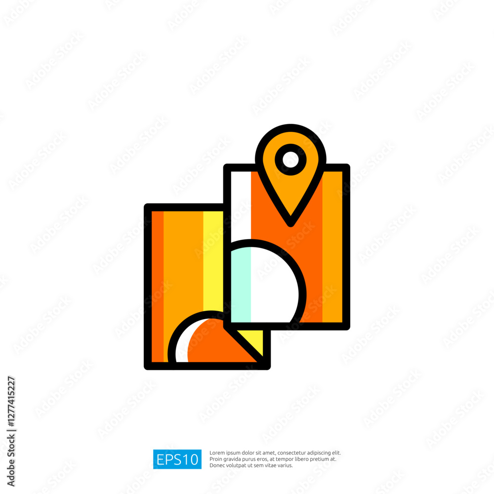Poster geometric icon representing map and location with pin for navigation and exploration in vibrant colo