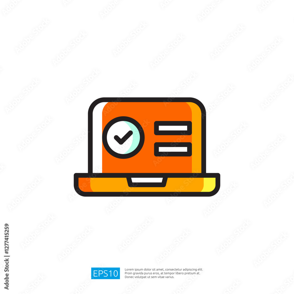 Poster digital icon of a laptop displaying a checklist with approval icon in orange color scheme for task m