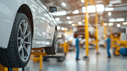 Vehicle maintenance in a bustling car service center during daylight hours