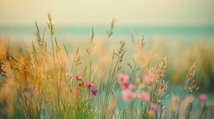 Colorful grasses and flowers in the dunes, generative AI