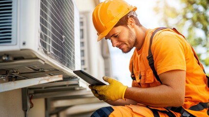 Expert engineer on rooftop examining HVAC systems using digital tablet