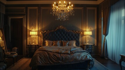 A luxurious bedroom with a velvet headboard, silk bedding, and a crystal chandelier in