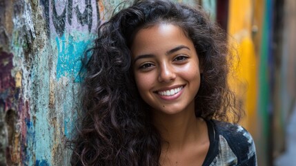 Fototapeta premium Smiling Girl, Urban Portrait, Colorful Wall