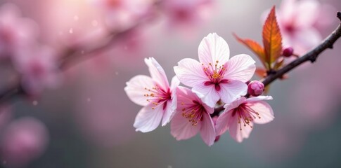 Obraz premium Gentle spring rain nourishes delicate pink and white cherry blossoms, , white