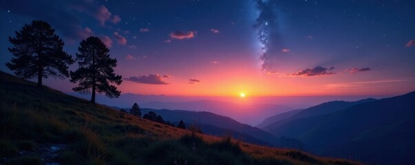 Fototapeta premium Gently glowing starlight bathes the serene landscape in a soft warm glow, landscape, light