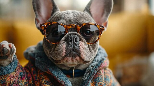French Bulldog Chic: A fashionable French Bulldog sports stylish sunglasses and a cozy coat, showcasing a blend of playful charm and urban sophistication.