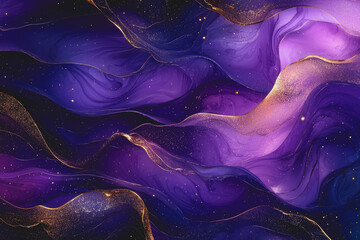 Naklejka premium Purple and gold abstract painting with fluid shapes and textures on canvas surface