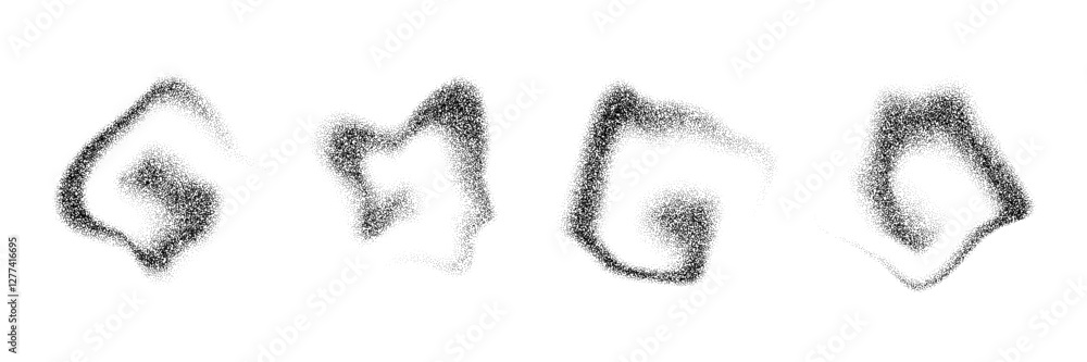Poster stippled gradient smoky shapes. grainy fluid spots and stains. black dotted flowing dust set. noise 