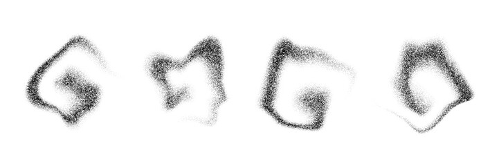 Stippled gradient smoky shapes. Grainy fluid spots and stains. Black dotted flowing dust set. Noise splashes and splatters forms. Dissolve sand particles texture. Vector fading halfton elements