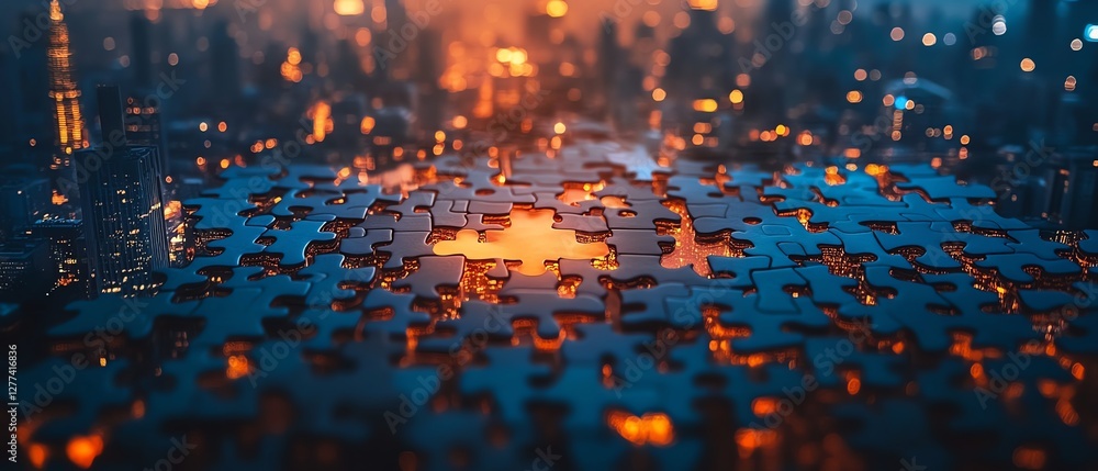 Poster connecting last jigsaw puzzle piece business development growth solution strategy concept