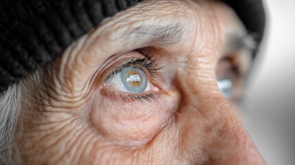 Stunning closeup of an elderly woman's expressive blue eye reflecting life