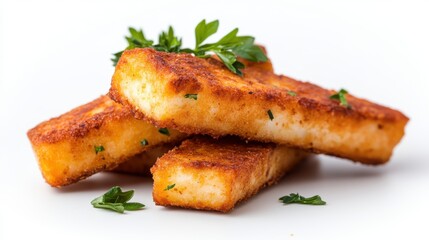 Delicious fish finger sticks garnished with fresh parsley on white backdrop