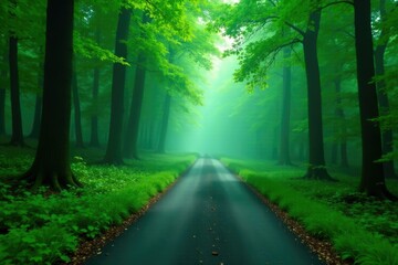 Misty forest road winding through dense foliage, nature, trees, green