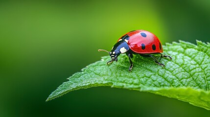 Fototapeta premium Close-up of a vibrant ladybug perched on a green leaf with a blurred natural background (1)