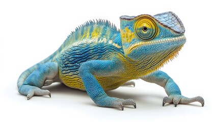 Obraz premium Blue and yellow panther chameleon posing in studio setting