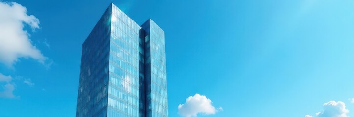 Obraz premium Modern glass office tower against vibrant blue sky, light, success, ambition