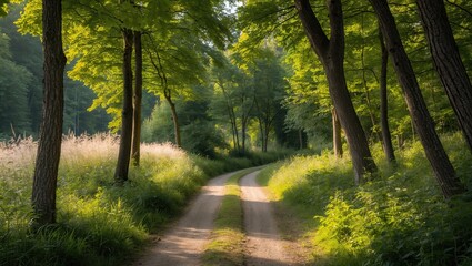 Obraz premium A serene dirt path winding through a lush green forest with sunlight filtering through the trees, creating a peaceful atmosphere