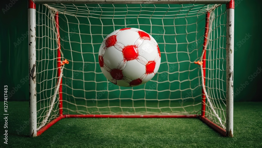 Poster a soccer ball with red patches soaring towards the net against a green backdrop, capturing a moment 