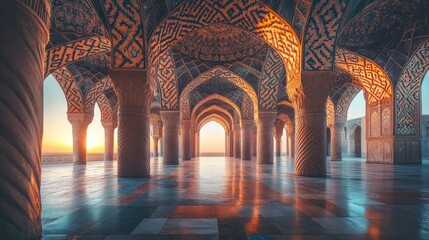 Ethereal Sunset Reflection in Ornate Architectural Space