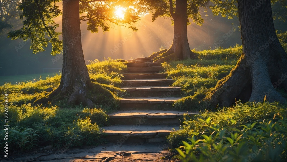 Aufkleber a serene path through a lush forest illuminated by golden sunlight filtering through trees