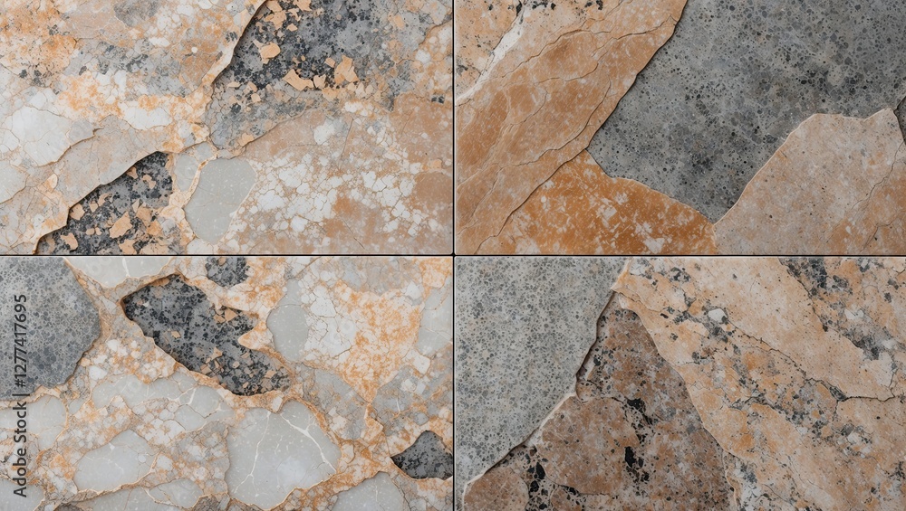Poster close-up view of textured marble tiles featuring shades of beige, gray, and intricate patterns creat