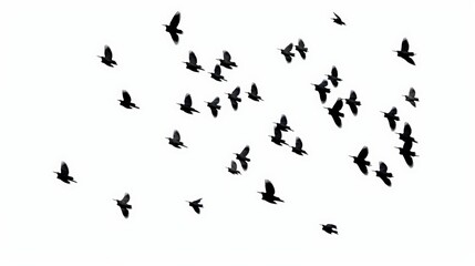 A flock of silhouetted birds in flight against a white background, showcasing movement and freedom.