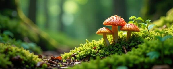 Mossy forest floor with marone mushrooms and ferns, fungi, wild