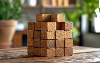 Obraz premium Personal development and business growth arrows and businessperson icons stacking wood blocks on table success
