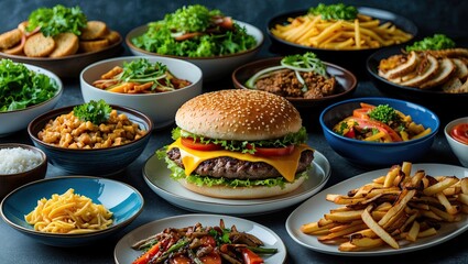 Fototapeta premium Delicious assortment of dishes featuring a gourmet cheeseburger, fresh salads, and various sides on a dark table