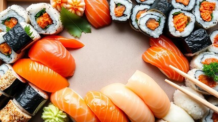 Fresh selection of assorted sushi pieces, including nigiri, sashimi, and rolls, held delicately with chopsticks, appetizer, seafood
