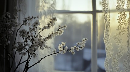 Soft morning sunlight filters through delicate lace curtains, casting a warm and gentle glow that creates a serene and peaceful atmosphere