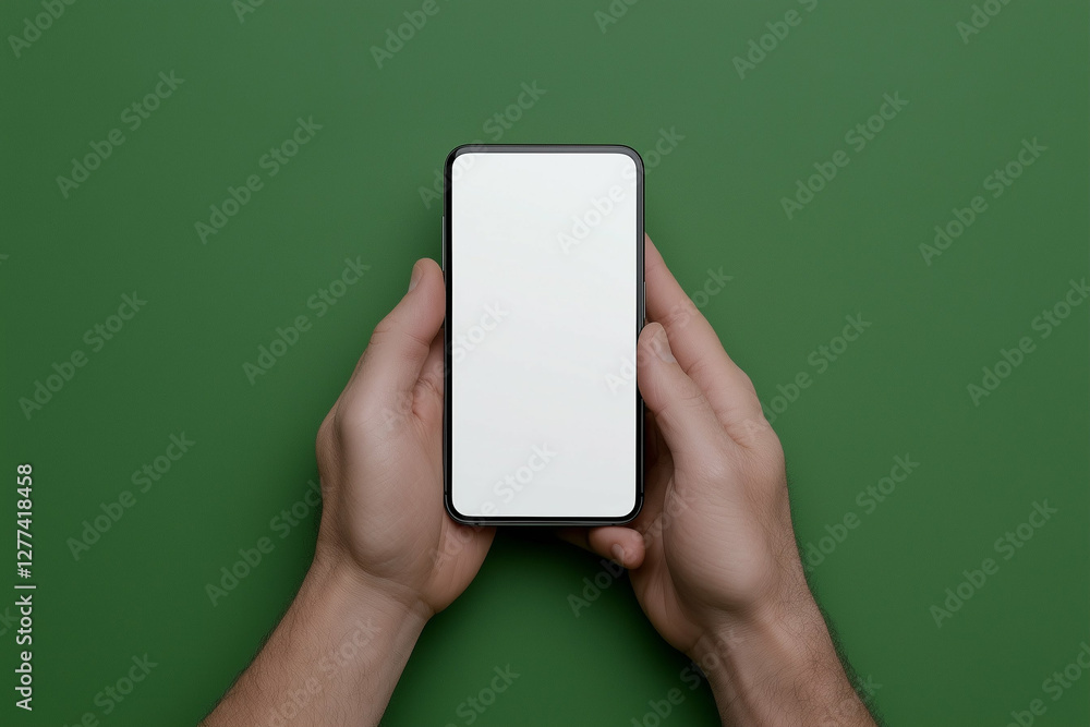 Poster smartphone held in hands with blank screen on green background. mobile phone in hand close up as sma