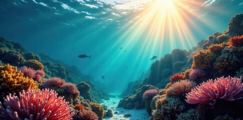 Obraz premium Sunlit coral reef, abundant aquatic life thrives , reef, underwater world