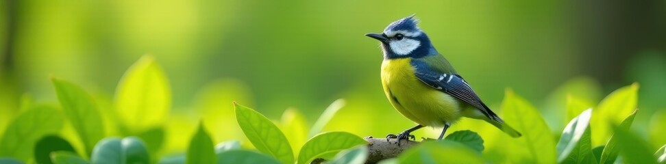 Obraz premium Tiny blue tit singing amidst fresh spring leaves , vibrant, woodland